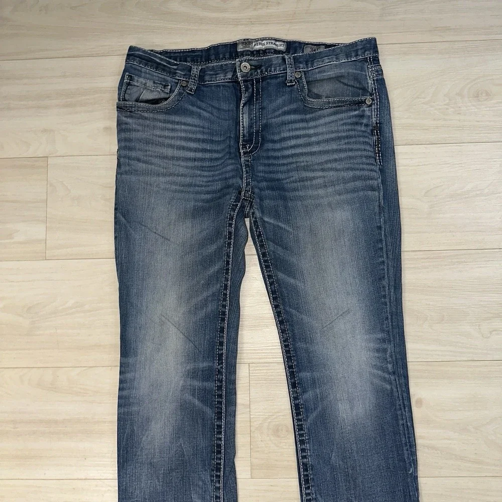 BKE Jeans Mens 34L Blue Derek Straight 36x33 Faded Whiskered Dark‎ Wash Denim